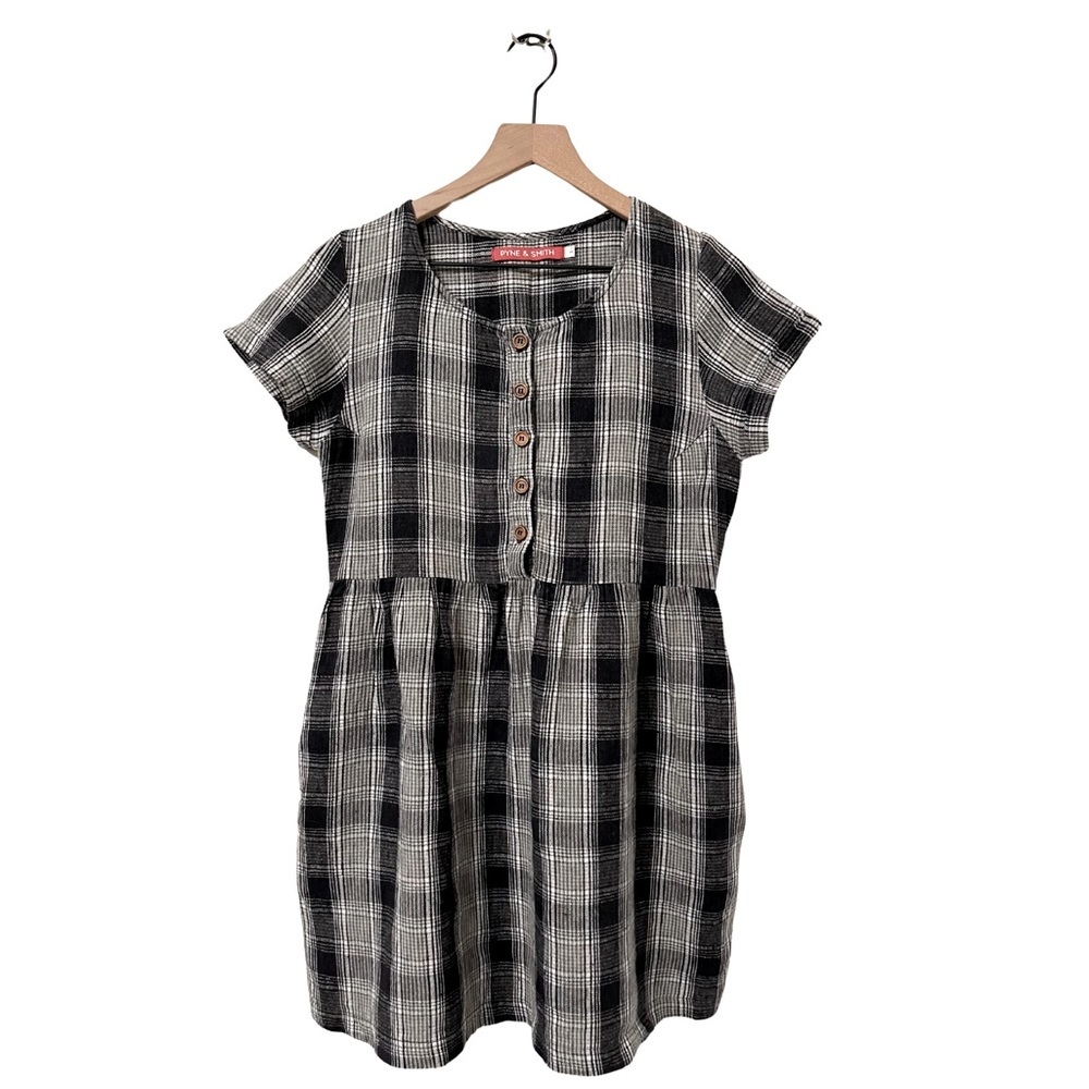 Pyne & Smith Black and White Plaid Linen Mini Relaxed Baby Doll Dress Size Small
